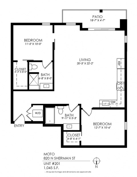 Floor plan for 2 beds, 2 baths, 1045 sqft